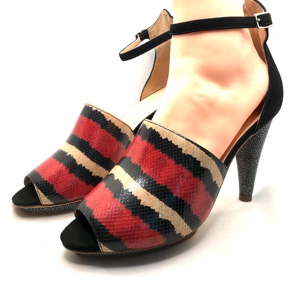 LOEFFLER RANDALL "ROSIE" RED, BLACK & CREAM LEATHER PLATFORM HEELS (9B) - Picture 9 of 14